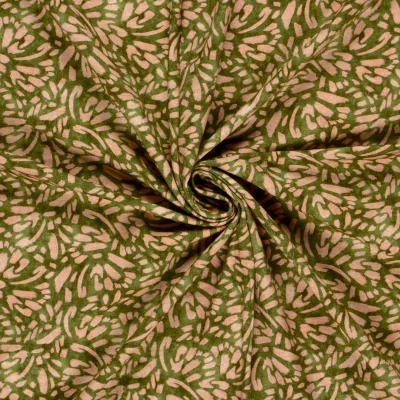 Tissu Sweat léger French Terry Margot extensible feuilles Kaki sur fond Ecru - Par 10 cm