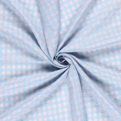 Tissu Seersucker Carreaux rose pâle sur fond Bleu ciel - Par 10 cm