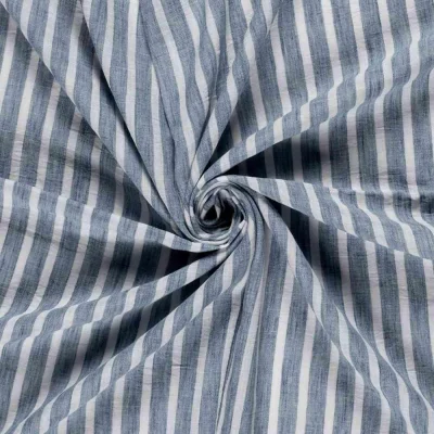 Tissu Polyester aspect Lin Rayures Anna sur fond Bleu denim - Par 10 cm