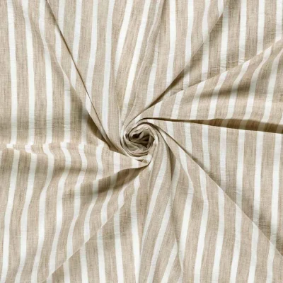 Tissu Polyester aspect Lin Rayures Anna sur fond Beige - Par 10 cm