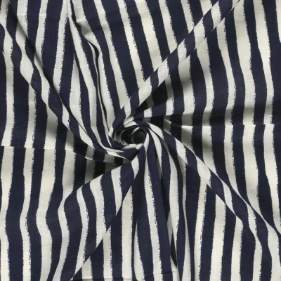 Tissu Coton Viscose aspect Lin rayures écru sur fond Bleu marine - Par 10 cm