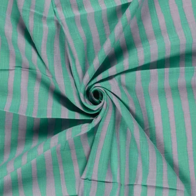 Tissu Viscose Coton aspect Lin rayures Vert Menthe sur fond Gris - Par 10 cm