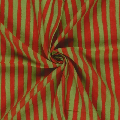 Tissu Viscose Coton aspect Lin rayures Terracota sur fond Vert olive - Par 10 cm
