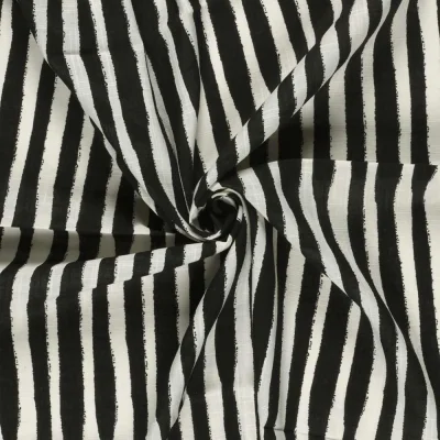 Tissu Viscose Coton aspect Lin rayures Noir sur fond Blanc cassé - Par 10 cm