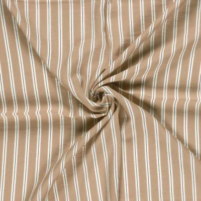 Tissu Crêpe de Viscose Basile fines rayures sur fond Beige sable - Par 10 cm