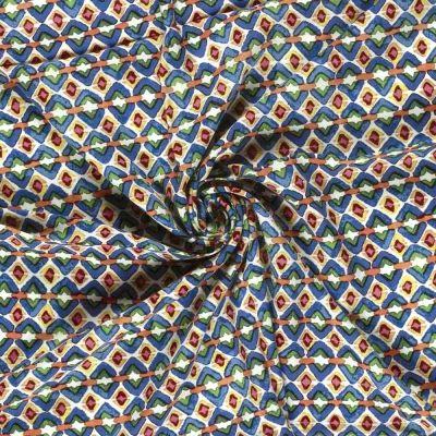 Tissu Viscose imprimé Olympe mosaïque Indigo sur fond Blanc cassé - Par 10 cm