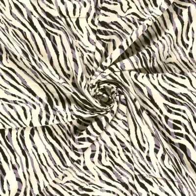 Tissu Viscose satiné Hermine zébré Noir et Gris sur fond Ivoire - Par 10 cm