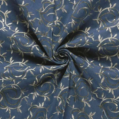 Tissu Chambray Polycoton Agnès broderie végétal Or sur fond Bleu denim - Par 10 cm