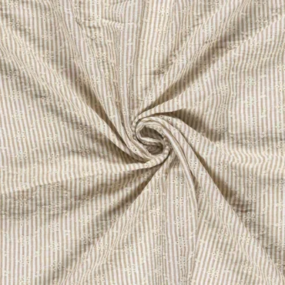 Tissu Popeline de Coton  Brodé petites fleurs rayures Blanc sur fond Beige - Par 10 cm