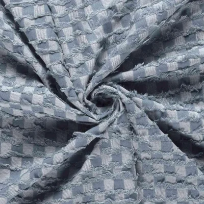 Tissu Jean Denim damier effiloché Bleu gris sur fond Bleu clair - Par 10 cm