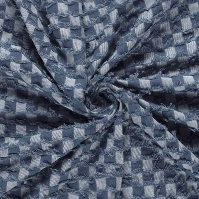 Tissu Jean Denim damier effiloché Bleu gris sur fond Bleu indigo - Par 10 cm