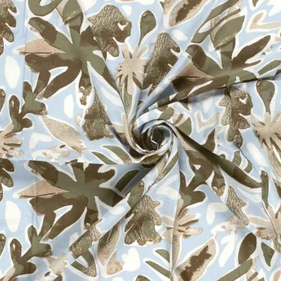 Tissu Viscose imprimé digital Léonie herbier Kaki et Beige sur fond Bleu ciel - Par 10 cm