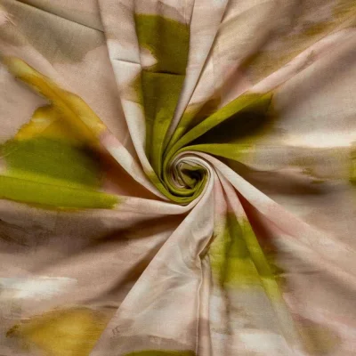 Tissu Lin Viscose Isaline fine aquarelle Rosée sur fond Ecru - Par 10 cm