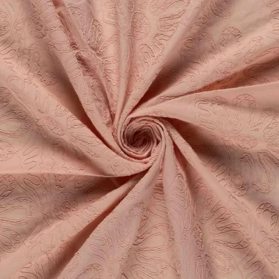 Tissu Coton brodé Adriana grandes fleurs sur fond Vieux rose - Par 10 cm