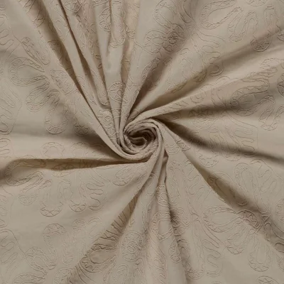 Tissu Coton brodé Adriana grandes fleurs sur fond Beige - Par 10 cm