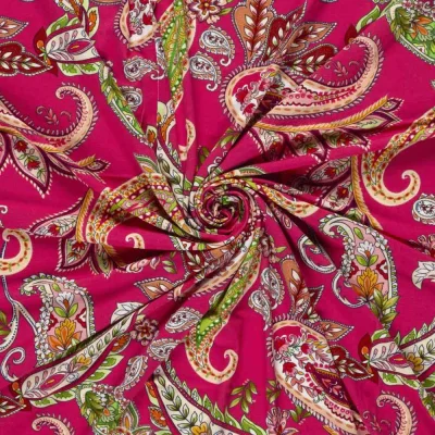 Tissu Jersey Viscose digital cachemire Bohème sur fond Rose fuchsia - Par 10 cm