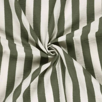 Tissu Double Gaze de Coton Rayé Vert kaki sur fond Blanc - Par 10 cm