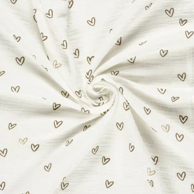 Tissu Double gaze de Coton digital Coeurs taupes sur fond Ecru - Par 10 cm