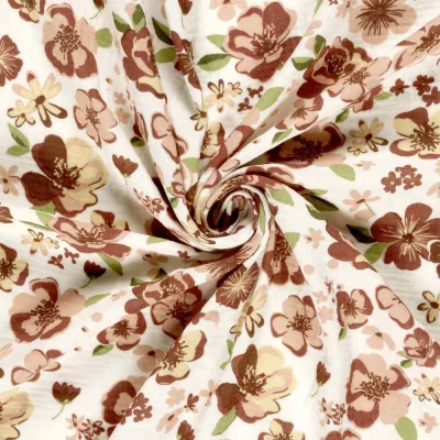 Tissu Double gaze de Coton Capucine fleurs sauvage sur fond Ecru - Par 10 cm