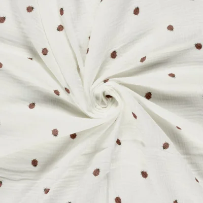 Tissu Double gaze de Coton Maé petites coccinelles sur fond Ecru - Par 10 cm