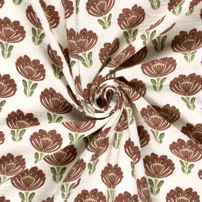Tissu Double gaze de Coton Eglantine fleurs Marron sur fond Ecru - Par 10 cm