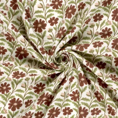 Tissu Double gaze de Coton Angèle fleurs Marron sur fond Ecru - Par 10 cm