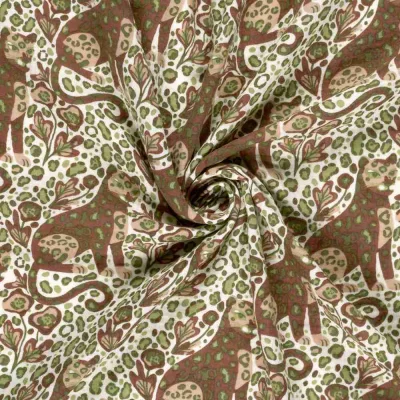 Tissu Double gaze de Coton Panthère marron et vert sur fond Ecru - Par 10 cm