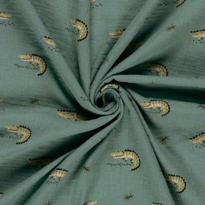 Tissu Double gaze de Coton Arthur crocodiles sur fond Vert - Par 10 cm