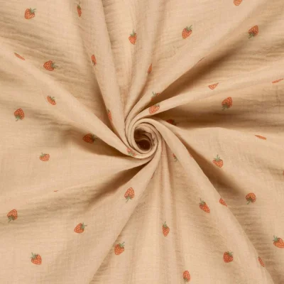 Tissu Double gaze de Coton Petites fraises sur fond Rose - Par 10 cm