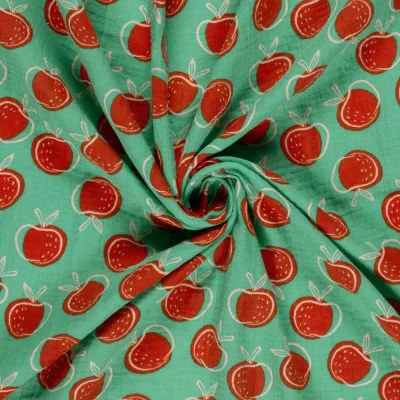 Tissu Double gaze de Coton Pommes rouges sur fond Vert - Par 10 cm