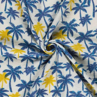 Tissu Double gaze de Coton Orlando palmiers sur fond Blanc cassé - Par 10 cm