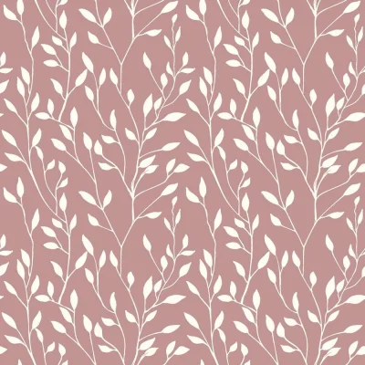Tissu Popeline de Coton Elise Végétal délicat sur fond Vieux rose - Par 10 cm
