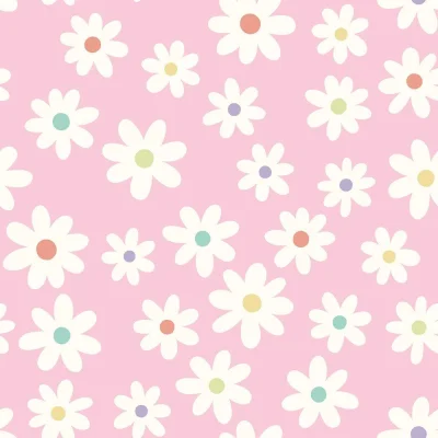 Tissu Popeline de Coton Marguerites multicolores sur fond Rose pastel - Par 10 cm