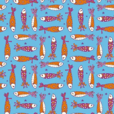 Tissu Popeline de Coton Sardines en Fête Poissons stylisés sur fond Bleu azur - Par 10 cm