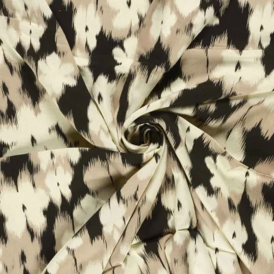 Tissu Viscose Satiné Floral abstrait Ecru et Taupe sable sur fond Noir - Par 10 cm