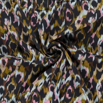 Tissu Viscose Satiné Léopard abstrait Bleu et Rose pastel sur fond Bleu nuit - Par 10 cm