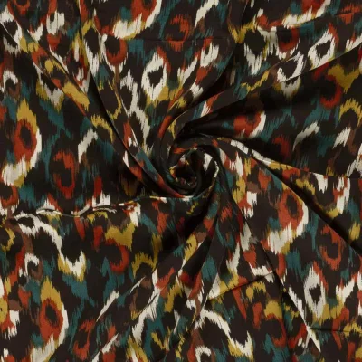 Tissu satin de viscose imprimé  effet ikat multicolore sur fond Vert - Par 10 cm