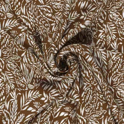 Tissu crêpe de viscose imprimé Fleuris blanc sur fond Marron clair - Par 10 cm