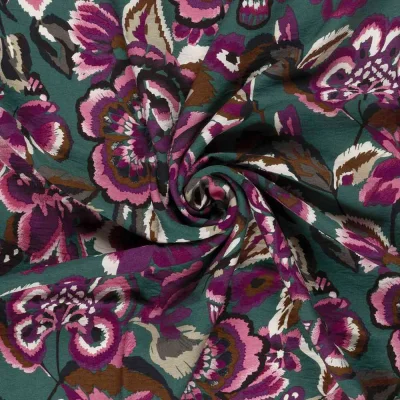 Tissu crêpe de viscose imprimé Fleuris Rose et violet sur fond Vert canard - Par 10 cm