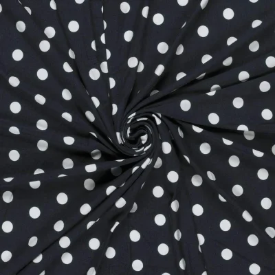 Tissu Jersey Viscose imprimé Polka pois Blanc sur fond Bleu marine - Par 10 cm
