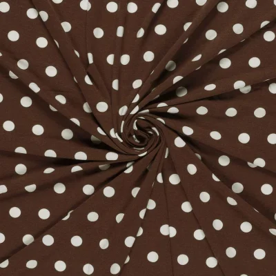 Tissu Jersey Viscose imprimé à pois blanc sur fond Marron - Par 10 cm
