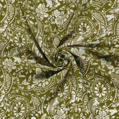 Tissu Crêpe de Viscose Noura ethnique végétal sur fond Vert kaki - Par 10 cm