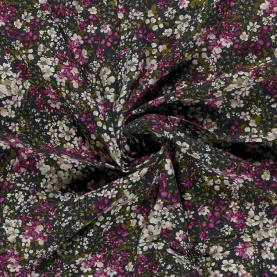 Tissu Popeline de Viscose imprimé Manon fleurs sur fond Gris anthracite - Par 10 cm