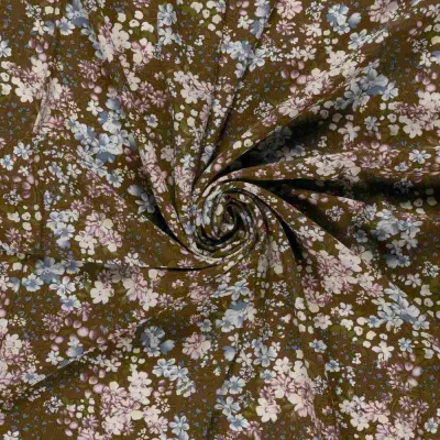 Tissu Viscose imprimé Manon fleurs sur fond Marron - Par 10 cm