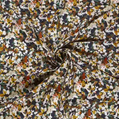 Tissu popeline de viscose imprimé Fleuris sur fond Bleu canard - Par 10 cm