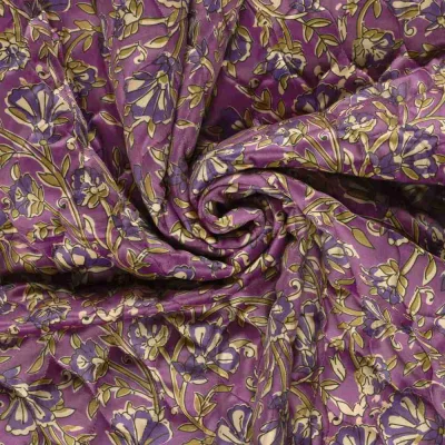 Tissu Velours Matelassé réversible esprit floral indien sur fond Violet - Par 10 cm