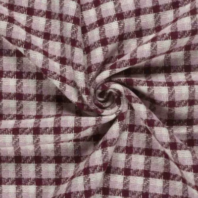 Tissu Jacquard imprimé carreaux bordeaux sur fond Rose - Par 10 cm