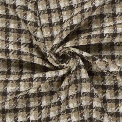Tissu Jacquard toucher laine damier Beige et Ecru sur fond Marron foncé - Par 10 cm
