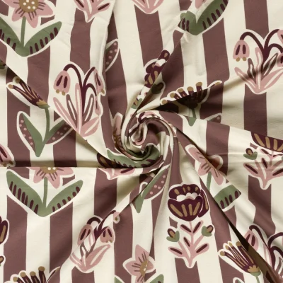 Tissu Sweat léger French Terry fleurs stylisées rayures Bordeaux sur fond Ecru - Par 10 cm