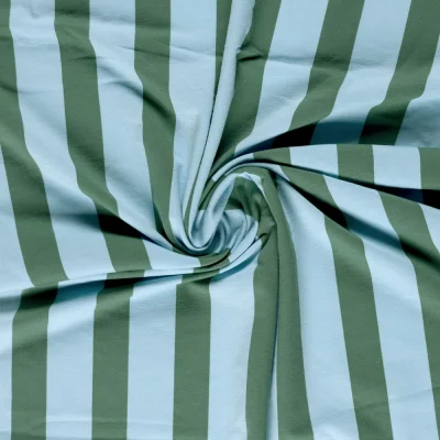 Tissu Sweat léger French Terry rayures Vert sapin sur fond Bleu ciel - Par 10 cm